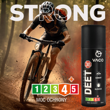VACO Strong DEET 30, czarny spray na komary i kleszcze, z widoczną skalą mocy ochrony, obok rowerzysty.