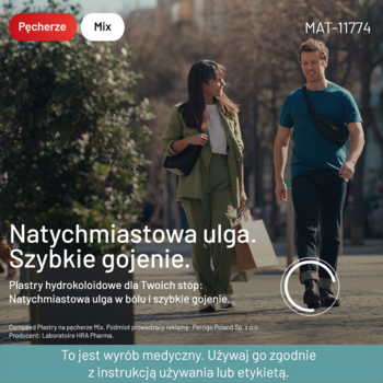Reklama plastrów Compeed na pęcherze. Para idąca miastem, widoczna stopa, ulga i szybkie gojenie.
