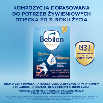 Bebilon 5 Advance Pronutra, mleko modyfikowane dla dzieci 3+ wspierające odporność, niebieskie opakowanie.