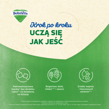 Reklama BoboVita Porcja Zbóż manna: zielone tło, 'Uczą się jak jeść', ikony cech: bez cukru, zboża, witaminy.