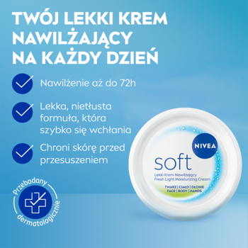 Biały słoik kremu Nivea Soft Fresh Light Moisturising na niebieskim tle, widok z przodu, z niebieskim logo.