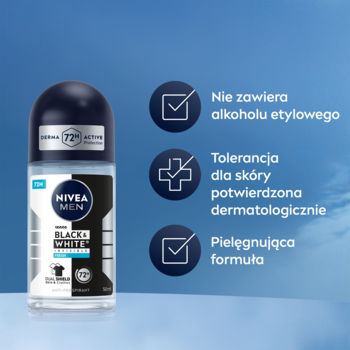 NIVEA MEN Black & White Fresh roll-on 50ml, butelka z czarną zakrętką, obok grafiki: bez alkoholu i 72h ochrona.