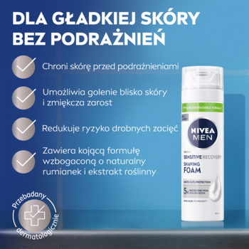 Pianka NIVEA MEN Sensitive Recovery w białej puszce, widok z przodu, z obietnicą gładkiej skóry bez podrażnień.