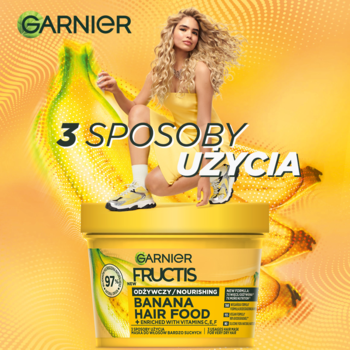 Garnier Fructis Banana Hair Food, odżywcza maska do włosów suchych, żółty słoik, modelka i banany w tle.