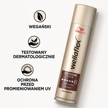 Wella Wellaflex Extreme Hold lakier do włosów w złotej puszce, widok z przodu, z ikonami cech.
