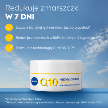 Biały krem Nivea Q10 Przeciwzmarszczkowe Ujędrnienie, redukuje zmarszczki w 7 dni, z technologią GLYCOSTOP.