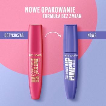 Nowa fioletowa maskara Miss Sporty Pump Up Buildable Volume obok starej różowej, porównanie opakowań.