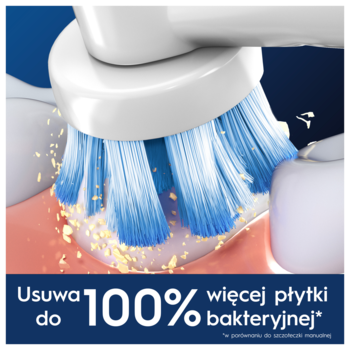 Zbliżenie na końcówkę Oral-B Sensitive Clean. Niebieskie włókna elektrycznej szczoteczki usuwają żółtą płytkę nazębną.
