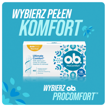 o.b. ProComfort Ultimate Comfort tampony, białe opakowanie 16 sztuk z niebieskimi wzorami, widok z przodu.
