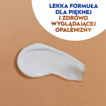 Biała smuga kremu NIVEA SUN Protect&Bronze SPF 30 na brązowym tle, z tekstem o lekkiej formule dla opalenizny.