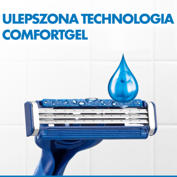 Niebieska maszynka do golenia z 3 ostrzami i ulepszoną technologią ComfortGel. Spadająca kropla wody na ostrza.