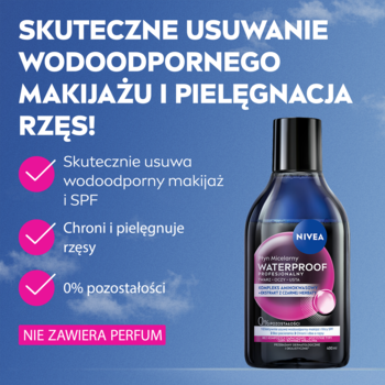 NIVEA dwufazowy płyn do demakijażu wodoodpornego, czarna butelka z różowym płynem, bez perfum, na tle nieba.
