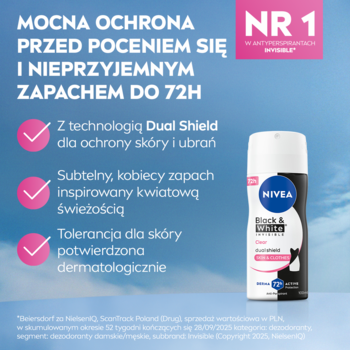 NIVEA Black & White Clear antyperspirant spray, 72h ochrona przed potem, biało-czarny flakon z przodu.