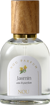 Butelka wody perfumowanej NOU Jasmin, damska. Szklana butelka z drewnianym korkiem, biała etykieta, kwiatowy wzór. Widok z przodu.