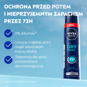NIVEA MEN Dry Fresh, ciemnoniebieski antyperspirant w sprayu XXL, widok z przodu, z napisem 72h ochrona.