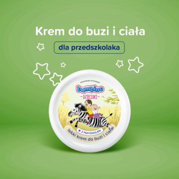 Lekki krem Bambino Dzieciaki Bolek i Lolek Zebra, biały słoiczek 250ml na zielonym tle z gwiazdami, widok z przodu.