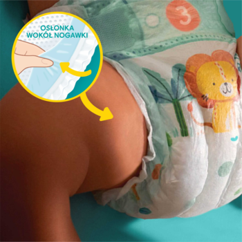 Pampers Active Baby pieluszki, zbliżenie na nóżkę dziecka z osłonką wokół nogawki. Ochrona przed przeciekaniem.