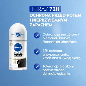 NIVEA Black & White roll-on 50ml, 72h ochrona przed potem, białymi śladami i plamami. Widok z przodu.