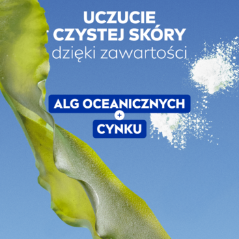 NIVEA żel do mycia twarzy: zielone algi i biały cynk na niebieskim tle, podkreśla uczucie czystej skóry.