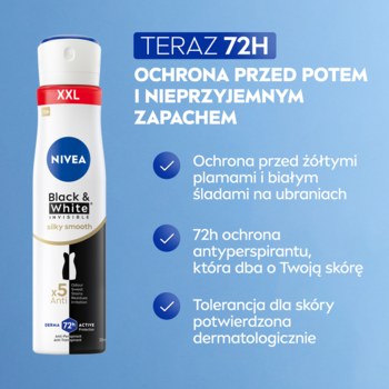 Antyperspirant NIVEA Black & White Silky Smooth XXL 72h ochrony przed potem i plamami, na niebieskim tle.