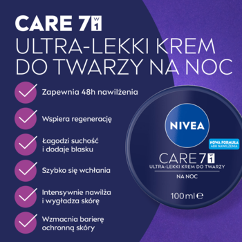 NIVEA Care 78 Ultra-Lekki Krem Do Twarzy Na Noc, niebieski słoiczek z logo, na tle listy korzyści.