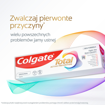 Pasta Colgate Total Active Prevention, biała tubka z czerwonym logo i barwnymi falami, widok frontalny na białym tle.