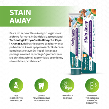 Pasta Himalaya Stain Away: dwa opakowania ziołowej pasty z enzymami, usuwającej przebarwienia. Zielone ikony benefitów.