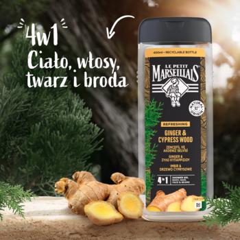 Le Petit Marseillais 4w1 żel do ciała, włosów, twarzy i brody Imbir&Cyprys, czarna butelka, świeży imbir, tło lasu.