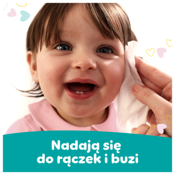 Bezzapachowe chusteczki dla niemowląt; dłoń wyciera policzek roześmianej dziewczynki, idealne do rączek i buzi.