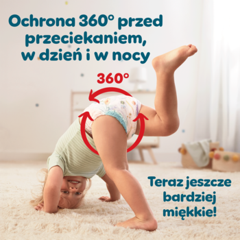 Pieluchomajtki Pampers Pants na dziecku w handstandzie, czerwone strzałki 360° wokół talii, ochrona przed przeciekaniem.