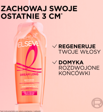 Szampon L'Oréal Elseve Dream Long w pomarańczowej butelce z białą nakrętką, regeneruje, domyka końcówki, widok z przodu.