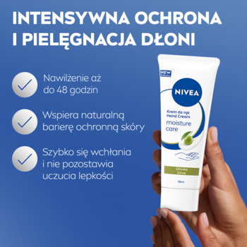 NIVEA Moisture Care krem do rąk z oliwką, biała tubka z zielonym listkiem, w dłoni na niebieskim tle z tekstem.