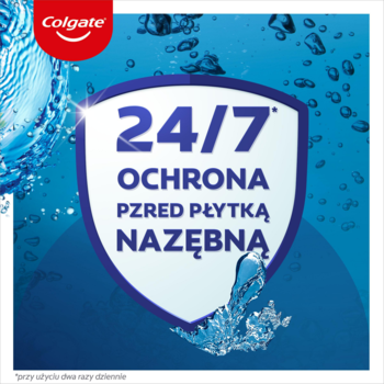 Grafika Colgate: Niebieskie tło z wodą. Biała tarcza z napisem '24/7 ochrona przed płytką nazębną'.