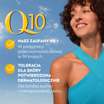 NIVEA Q10: Uśmiechnięta kobieta obok tekstu o nr 1 w pielęgnacji przeciwzmarszczkowej dla dojrzałej skóry.