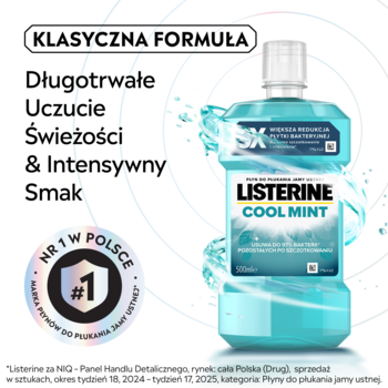 Listerine Cool Mint w przezroczystej butelce z błękitnym płynem, wodne krople, hasła o świeżości i #1 w Polsce.