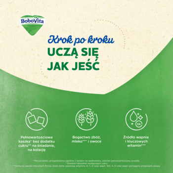 Grafika Bobovita: zbożowa kaszka dla dzieci, bez dodatku cukru, z witaminami, wspierająca naukę jedzenia.