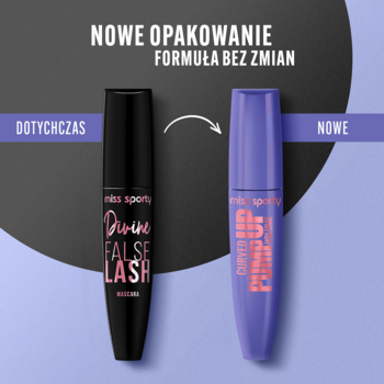 Miss Sporty Divine Volume tusz: porównanie starego czarnego i nowego fioletowego opakowania (formuła bez zmian).