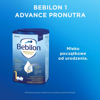 Niebieskie opakowanie Bebilon 1 Advance Pronutra, mleko początkowe od urodzenia, z kroplą na froncie, widok z przodu.
