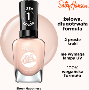 Sally Hansen Miracle Gel 187 Sheer Happiness, jasnobeżowy, żelowy lakier z napisem 'STEP 1 COLOR'.