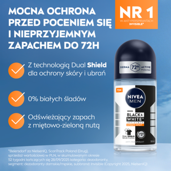 NIVEA MEN Black & White 72h antyperspirant roll-on, czarno-biała butelka z opisem 0% białych śladów.