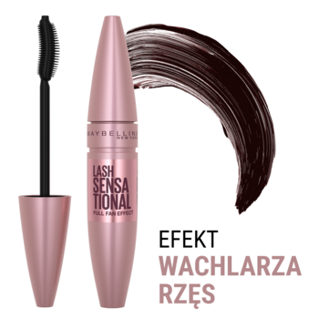 Tusz Maybelline Lash Sensational w różowej tubie z czarną szczoteczką, brązowy swatch i tekst 'EFEKT WACHLARZA RZĘS'.