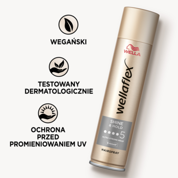 Wellaflex Shine & Hold lakier do włosów w złotej butelce, widok z przodu. Wegański, UV, testowany.
