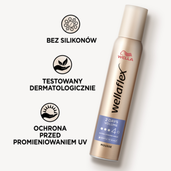 Beżowa butelka Wellaflex 2 Days Volume Mousse z fioletową etykietą, widoczna ochrona UV i bez silikonów.