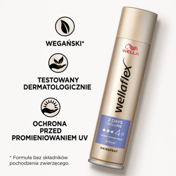 Złoty lakier Wella Wellaflex 2nd Day Volume, 4/5 utrwalenia, wegański i z ochroną UV, widok z przodu.