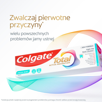 Pasta Colgate Total Active Prevention Fresh Mint w białej tubce z falami, widok z przodu. Tytuł: Zwalczaj pierwotne przyczyny.