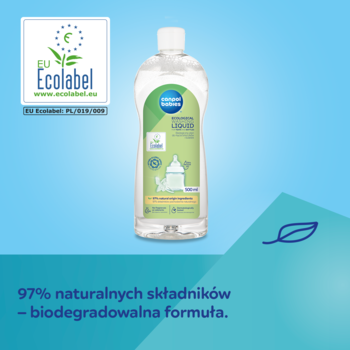 Płyn do mycia butelek Canpol babies, 97% naturalnych składników, przezroczysta butelka z zieloną etykietą, logo EU Ecolabel.