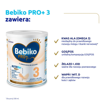 Mleko Bebiko PRO+ 3, biała puszka z listą składników: Omega 3, GOS/FOS, żelazo, jod, wapń.