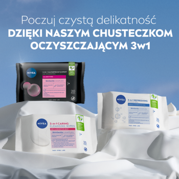 Trzy NIVEA 3w1 chusteczki micelarne: czarne, biało-różowe i biało-niebieskie, na pofałdowanej tkaninie.