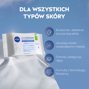 Białe chusteczki NIVEA, nagłówek "DLA WSZYSTKICH TYPÓW SKÓRY", obok grafiki z opisem micelarnej formuły.