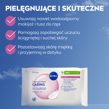 NIVEA Pielęgnujące chusteczki, usuwające makijaż wodoodporny, nawilżają i zmiękczają skórę. Widok z przodu.